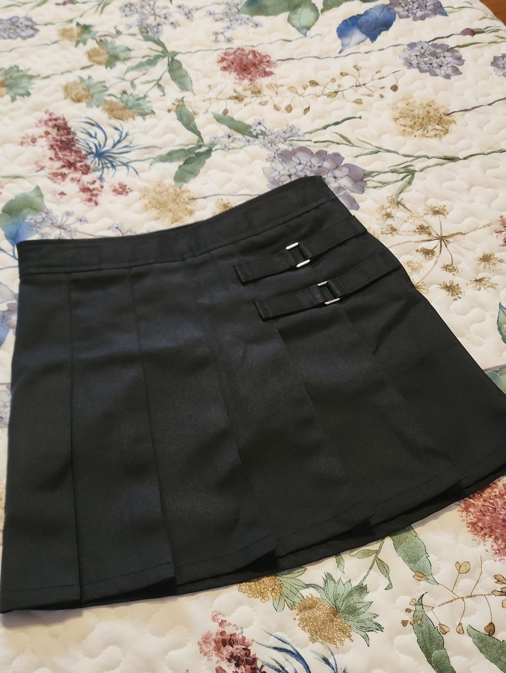French Toast Black Pleated Mini Skirt with Buckle Straps